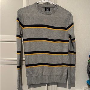 Gray and Blue Striped Crew Neck Sweater